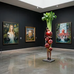 a flooded modern art gallery, paintings on black walls, a tall emo girl aboriginal art sculpture, holding celery, pomegranates, octopus, waterfall, zen, black swans, berries, surrealist, by magritte and monet