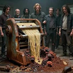 movie still of chrome rust noodle machine, busted, macerated, gangrene pit, fungal pit, by alberto bontempi, shigeru komatsuzaki, wayne d barlowe, alex ross, simon bisley & boris vallejo, enric torres, hyper realism, cinematical, narrative light, muted colors, epic, hyper detailed, awe inspiring, award winning