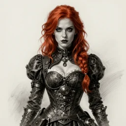 illustrated portrait of beautiful woman, red hair, steampunk dress, sharp focus, high detailed, concept art, charcoal sketch, artgerm