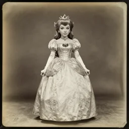 princess peach, portrait, full body, symmetrical features, silver iodide, 1 8 8 0 photograph, sepia tone, aged paper, sergio leone, master prime lenses, cinematic