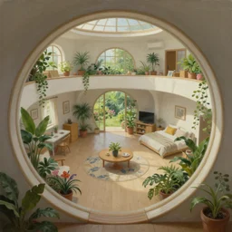 painting of an interior of a hidden ring - shaped living quarters overlooking the great room, well maintained, clean, lush plants and flowers, other bedrooms can be seen, natural light, fantasy, natural light, concept art, by greg rutkowski and craig mullins, cozy atmospheric and cinematic lighting, trending on artstation