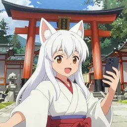 A fantastic shrine deep in the mountains of Japan. A white-haired girl with fox ears in Japanese anime smiles happily. she takes a selfie, digital art