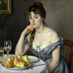 vintage beautiful painting of a women having dinner with the goddess of pears in Mary Cassatt style