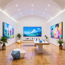 ( ( ( minimalist neon flagship samsung store, white walls. beautiful parquet floor. arched ceilings with lights. geometric furniture, with large digital screen. display tables with phones and tablets, pots with plants, large digital screens on the walls ) ) ) concept art, vibrant colour, john berkey, beeple, wlop, makoto shinkai, yoji shinkawa, wadim kashin, artstation, 4 k