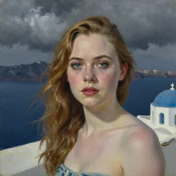 Elle Fanning in Santorini at night, head and shoulders portrait, stormy weather, extremely detailed masterpiece, Roger Deakin’s cinematography, oil on canvas, Edward Hopper,