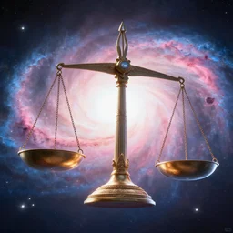 giant judge scale floating in space with pink-light blueish galaxy behind it, 4k detailed, digital art