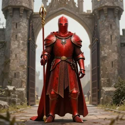The Red Knight stands guard over the castle's gate, fantasy, artstation, highly detailed, portrait by Larry Elmore