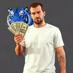 mrbeast as a grand theft auto 5 character, holding money, with blue tiger logo shirt, loading screen game art n 4