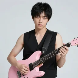 short black haired chinese rocker guy with a stoic expression, wearing a black vest and playing a pink guitar, smoke in the background, full color digital illustration in the style of frank frazetta,, artgerm, artstation trending