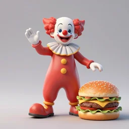 eccentric clown and hamburger, extremely detailed, sharp focus, wide view, full body shot, smooth, digital illustration, by james jean, by rossdraws, frank franzzeta, mcbess, sakimichan, brosmind, steve simpson