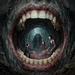 tunnel in a monster mouth, creepy, spooky, epic scene, surrealism, art by peter mohrbacher, tsutomu nihei, h. r. giger and zdzisław beksinski, 4 k, realistic