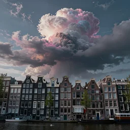 apocalyptic amsterdam with psychedelic clouds in the year 2 2 4 5. 4 k