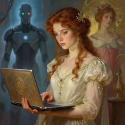 beautiful cottagecore women holding a laptop. intricate, elegant. the background is from the show mr robot!. highly detailed, digital painting, artstation, concept art, smooth, sharp, focus, illustration.. art by artgerm and greg rutkowski and alphonse mucha