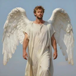 chris hemsworth as an angel, large wings, long tunic, pale colors, sky background, photorealistic painting by mandy jurgens, trending on artstation, photorealism, detailed painting, behance hd, hyper realism