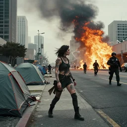 Candid extreme wide shot of a poor techwear mixed woman with tattoos outside of a futuristic Los Angeles on fire, homeless tents on the side of the road, military police, cyberpunk, 4k, extreme long shot, desaturated, full shot, action shot, motion blur, sigma 85mm f/1.4, high resolution, 4k, 8k, hd, full color, important moment in history, award winning photography