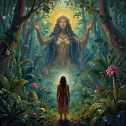 a shaman visiting the upper spiritual worlds, surrealist, dmt, dmt, 5 meodmt, blissful landscape, love, high defined jungle, mother ayahuasca, ecstasy, bliss, sanctuary, sacred, vladimir kush art style, alex grey art style.