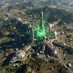 satellite View imagery map of advanced alien civilisation with large public transport. Green glowing factory.