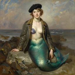 full - length portrait of a mermaid wearing a beret and an open jacket, by john singer sargent.