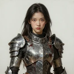 a photorealistic painting of an attractive young girl, partially clothed in dirty metal-plated battle armor, spots of blood, olive skin, long dark hair, beautiful bone structure, symmetrical face, perfect eyes, intricate, elegant, digital painting, concept art, illustration, sharp focus, minimal artifacts, volumetric lighting, from Metal Gear, in the style of Ruan Jia and Mandy Jurgens and Greg Rutkowski, trending on Artstation, award winning