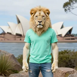 furry anthro albino lion anthropomorphic wearing mint t-shirt and ripped jeans professional portrait hiking Sydney in the background