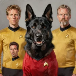 a portrait of a black german shepard dogman canine star trek captain red shirt. highly detailed painting by gaston bussiere, craig mullins, j. c. leyendecker, furry
