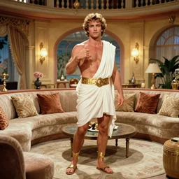 the image is a lost hollywood film still 1 9 9 0 s photograph of the greek god apollo's lounge room. vibrant cinematography, anamorphic lenses, crisp, detailed image in 4 k resolution.