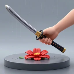 a katana, human hands, red flower, rain, 4-dimensional stage, agony, pleasure