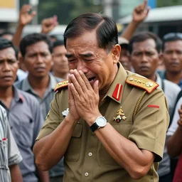 News article photograph of Min Aung Hlaing, the senior general of Myanmar apologising to an angry crowd of people while crying on the street