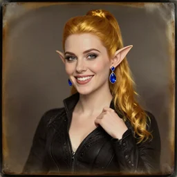 daguerreotype of beautiful elf, dressed as black widow, golden tied ponytail, sapphire earrings, happy, sapphire earrings, high fantasy, digital illustration, by rossdraws, frank franzzeta, sakimichan