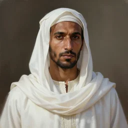 Portrait of a rugged north african man wearing white robes, male, detailed face, fantasy, highly detailed, cinematic lighting, digital art painting by greg rutkowski