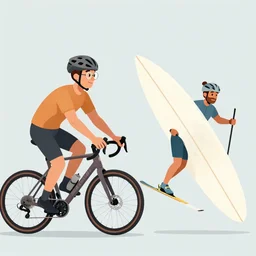 a man with round glasses and a helmet on a gravel bike fighting a man with skis and a surfboard, fantasy, digital painting, volumetric light, intricate, sharp, focus, bloom, illustration, highly detailed, concept art, matte, ruan jia, randy vargas, greg rutkowski