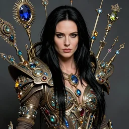 beautiful gemini fantasy character portrait, charlize theron, jet black hair, ultra realistic, wide angle, intricate details, the fifth element artifacts, highly detailed by peter mohrbacher, hajime sorayama, wayne barlowe, boris vallejo, aaron horkey, gaston bussiere, craig mullins