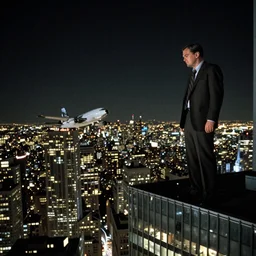 Leonardo DiCaprio on the top of the world trade center, and a plane is coming towards the tower, 1990's, night time.