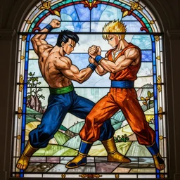 goky fighting Saitama in stained glass window
