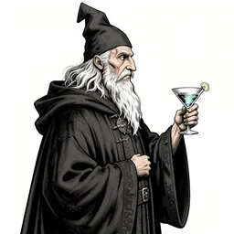 gediminas pranckevicius side view of a majestic wizard holding a martini, high details, bold line art, by vincent di fate and joe fenton, inking, etching, screen print, masterpiece, trending on artstation, sharp, high contrast, hyper - detailed,, hd, 4 k, 8 k