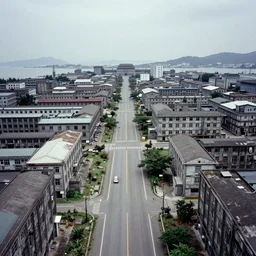 brutalist city, prison city, totalitarian prison island, hashima island, wide roads, wide avenues, wide spaces, rundown buildings, military buildings, prison complex, colorized super 8 mm photo