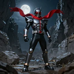 Kamen Rider!!!!!!!!!!!! with a red scarf billowing behind him standing in a rock quarry, full body single character, League of Legends Character Splash Art!!!!, rubber suit, biomechanical elements, Arcane style!!!!!, action scene, fight scene, good value control, high quality, 4k, ultra realistic, highly detailed, illustration, promotional image, matte painting, rule of thirds, centered, cinematography, moonlit night,
