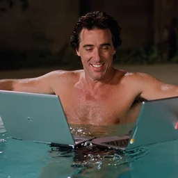 al pacino scarface hot tub scene, except he is smiling and holding a laptop