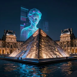 synthwave, retrowave, vaporwave picture of a pyramid in the water, a hologram by mor than, louvre, contest winner, computer art