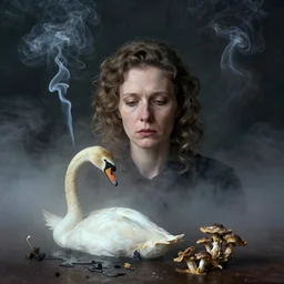 photographic portrait of sad max ernst woman swan dried melting floral fungus with spiraling cigarette smoke, nebula, in fog