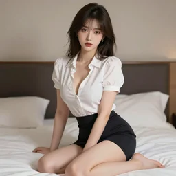 sexy girl in a low cut blouse and short skirt, seductive pose, shoulder-length hair, ribbon in her hair, earrings, sitting on a bed. highly detailed, digital painting, in the style of artgerm, high definition digital art