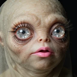 close up portrait of a mutant monster creature with crystal eyes, small open pinky lips, fractal long eyelashes, cloth, needles. jan van eyck, audubon