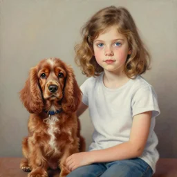 a seven year old girl with short wavy curly light brown hair and blue eyes sitting with a very cute red working type cocker spaniel. detailed, high quality painting by artgerm and greg rutkowski and ilya kuvshinov