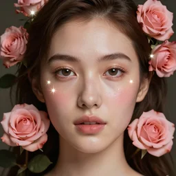 meredit frampton style hight focus of a wonderful realistic sweet wonderful symmetrical portrait of a lady with a clear skin made of roses, one flash on sx, one flash dx, cinematic, artstation, octane render 8 k