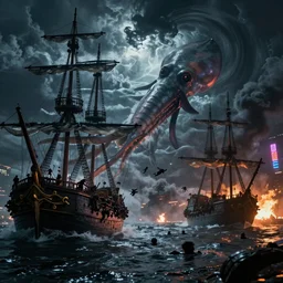 pirate ships at war at night, giant squid attacking the ships, people drowning, dramatic swirling clouds, storm, smoke, fire, chaos, photo realistic, 8k, artstation, Blade runner, neon signs in the distance, dark, cinematic, high contrast, epic