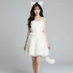 full body aesthetic photograph of a beautiful young japanese woman in a furry white cocktail dress, white cat ears and tail, by Nick Knight, realistic, photorealistic, HD, 4k resolution