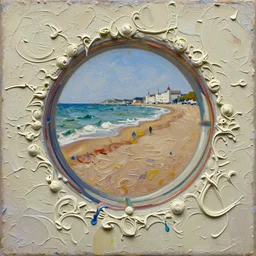 palette knife painting of a close up of a three - dimensional thick impasto oil painting of a brighton beach, seen through complex globular texture, lots of thick encrusted paint, vast amounts of wax - like lines of dripping oil paint cover nearly everything, painted by hieronymus bosch, signac and frank auerbach, background thick encrusted paint