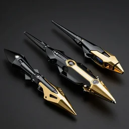 sleek interstellar weapons in gleaming obsidian black and scintillating 24K gold designed by HP
