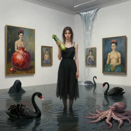 realistic painting of a flooded modern art gallery and a tall emo girl, holding a courgette, paintings on walls, floodwaters, squid ink, the grim reaper, pomegranates, waterfall from the wall, black swans, octopus, sensual, puddles, zen, surrealist, by magritte and kahlo and monet