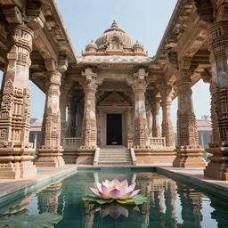 a gigantic never seen before ancient indian temple, dream landscape. complex architectural ethereal pillars intricated design. mirroring water with lotus inside. photo realistic, natural 8 k phography rendering.